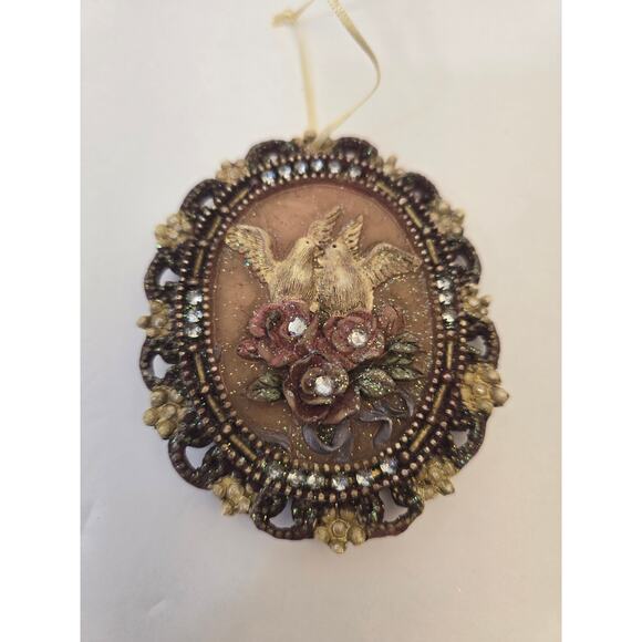 Vintage Romantic Dove Floral Ornaments Set of 2 Gold Tone Beaded Design - Picture 2 of 3